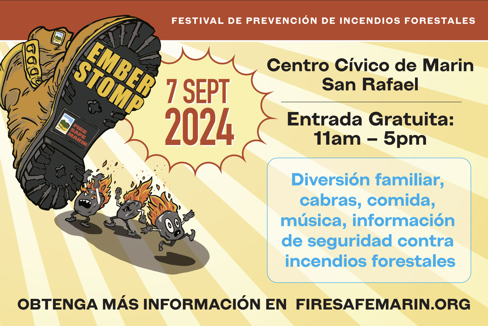 "Ember Stomp 7 Sept 2024, Festival de Prevencion de incendios forestales, Centro Civico de Marin, Entrada Gratuita, 11am to 5pm"