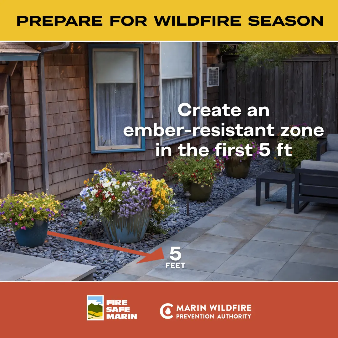 Image of zone 0 landscaping with text that reads "Prepare for Wildfire Season, Create an ember-resistant zone in the first 5 ft"