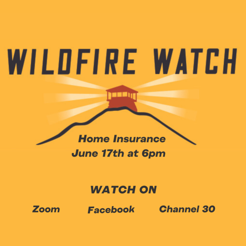 Graphic with text "Wildfire Watch Home Insurance" Watch on June 17 on Zoom