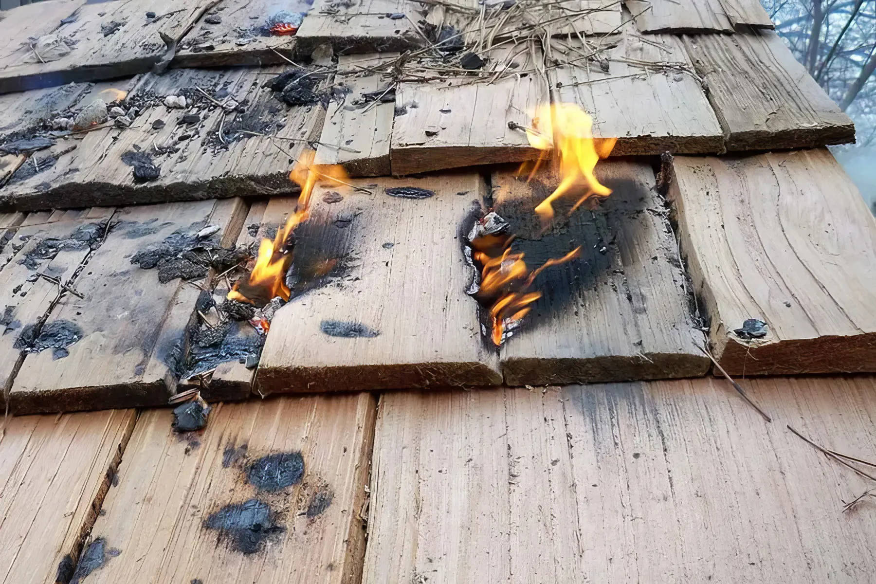 fire on wooden roof