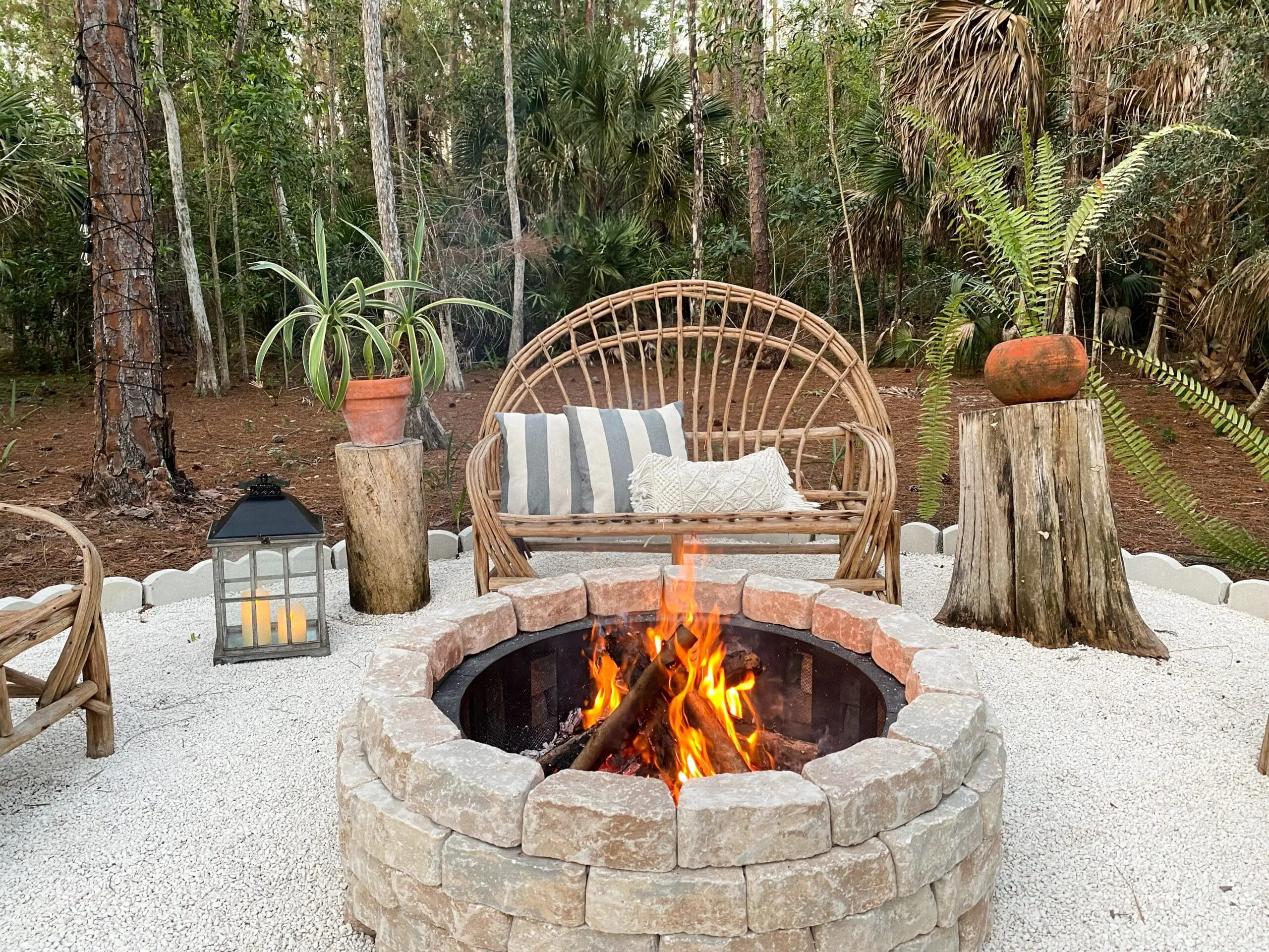Fire,Pit,Bonfire,Campsite,In,Tropical,Backyard,Woods,With,Rustic