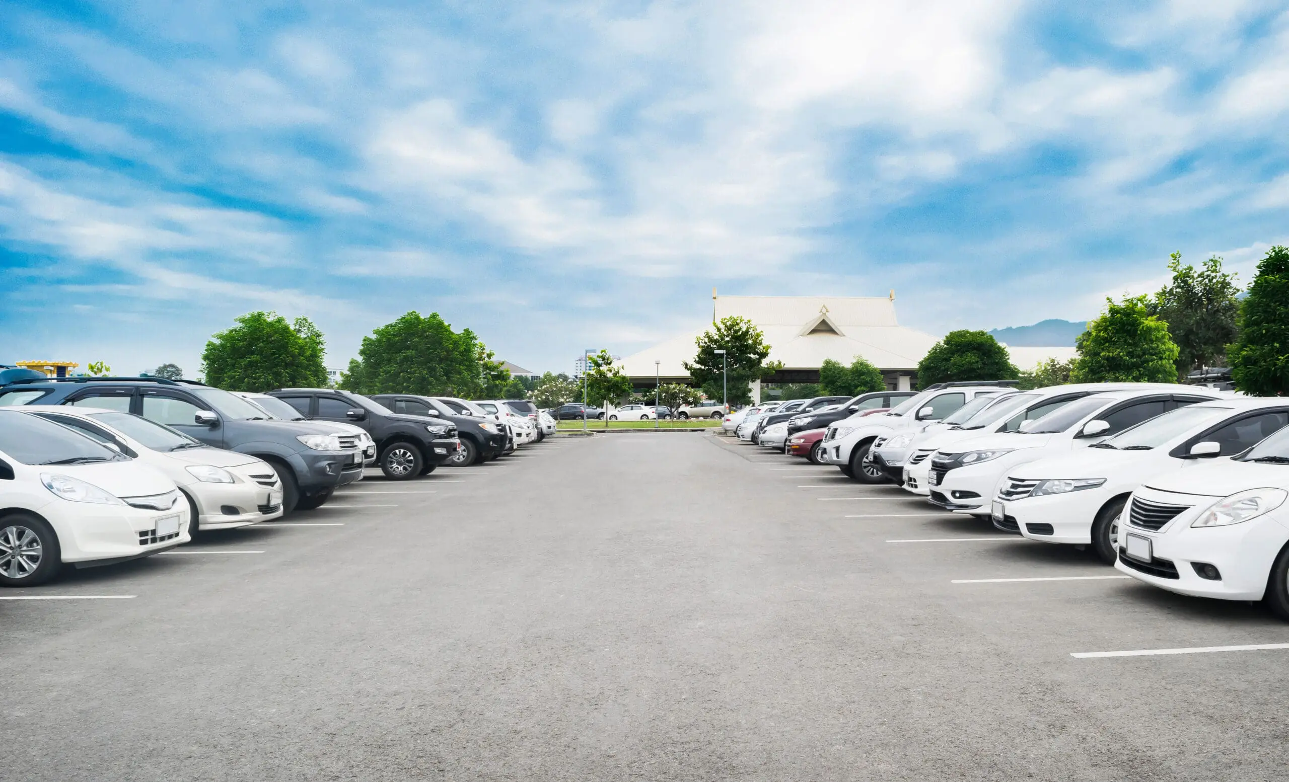 Car,Parking,In,Large,Asphalt,Parking,Lot,With,Trees,,White