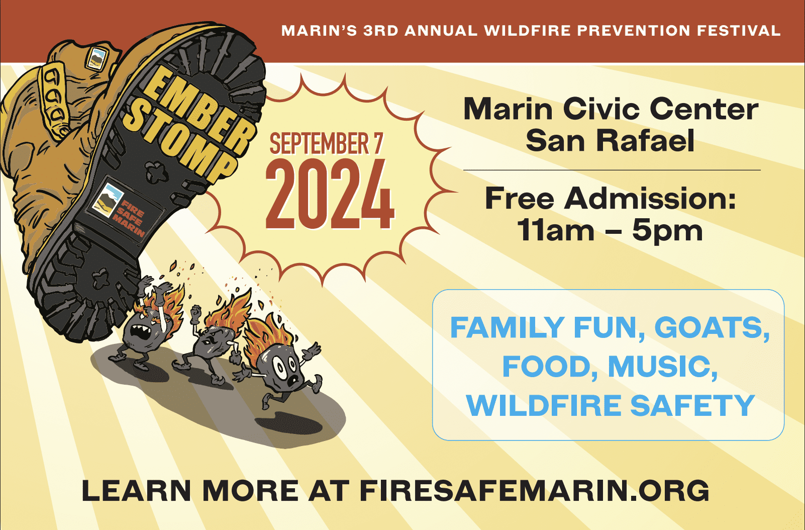 Text "Ember Stomp September 7, 2024" and "Marin Civic Center, Free Admission, 11am to 5pm"